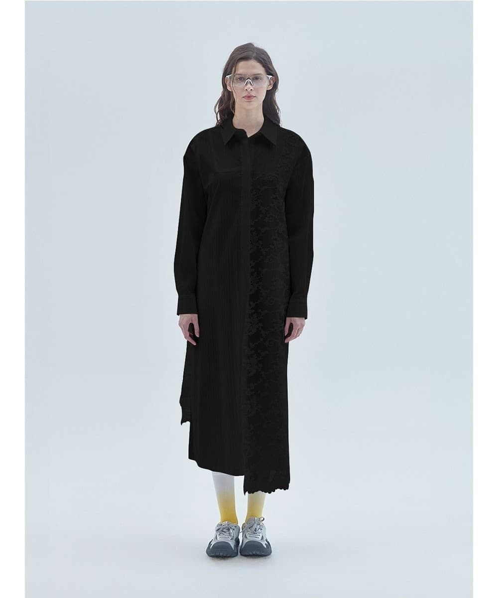 Lace Mix Unbalanced Shirt Long Dress Black — vue 2