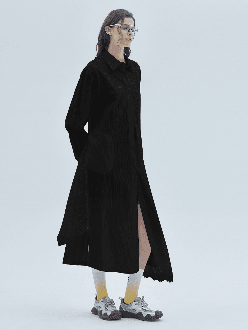 Lace Mix Unbalanced Shirt Long Dress Black — vue 1