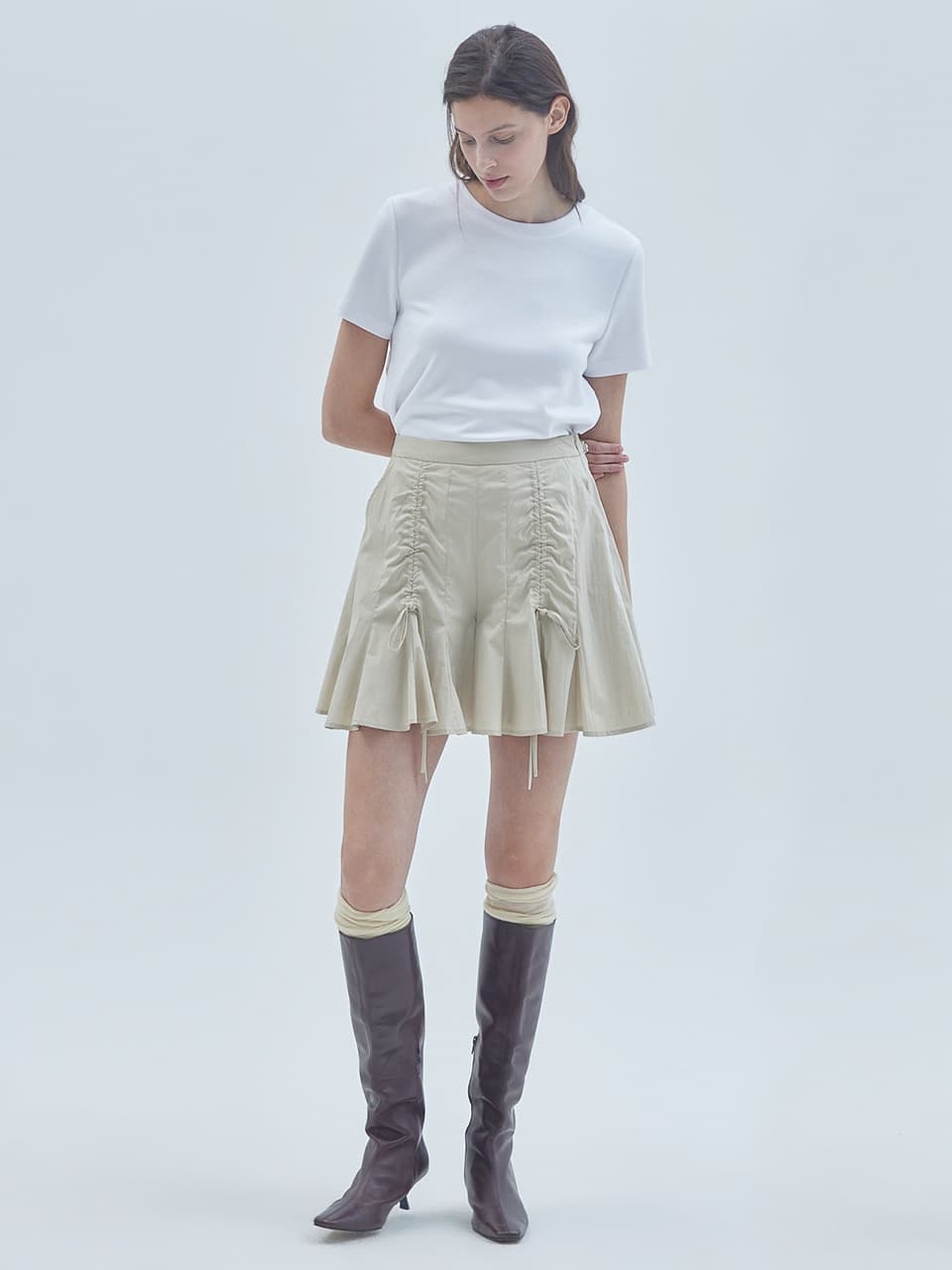 Shirring Detail Flared Skirt Pants Beige