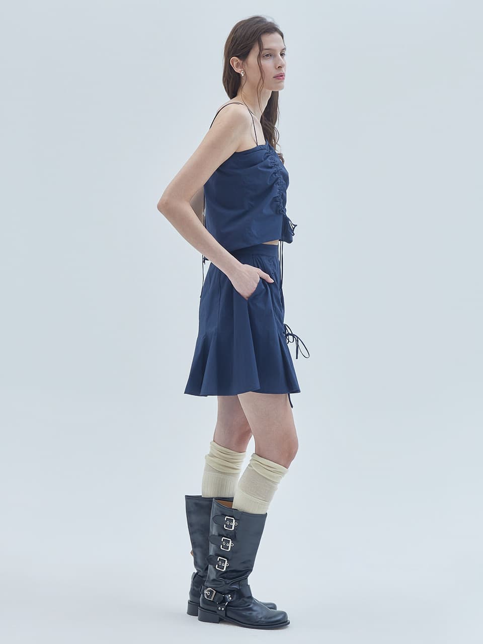 Shirring Detail Flared Skirt Pants Navy — vue 1