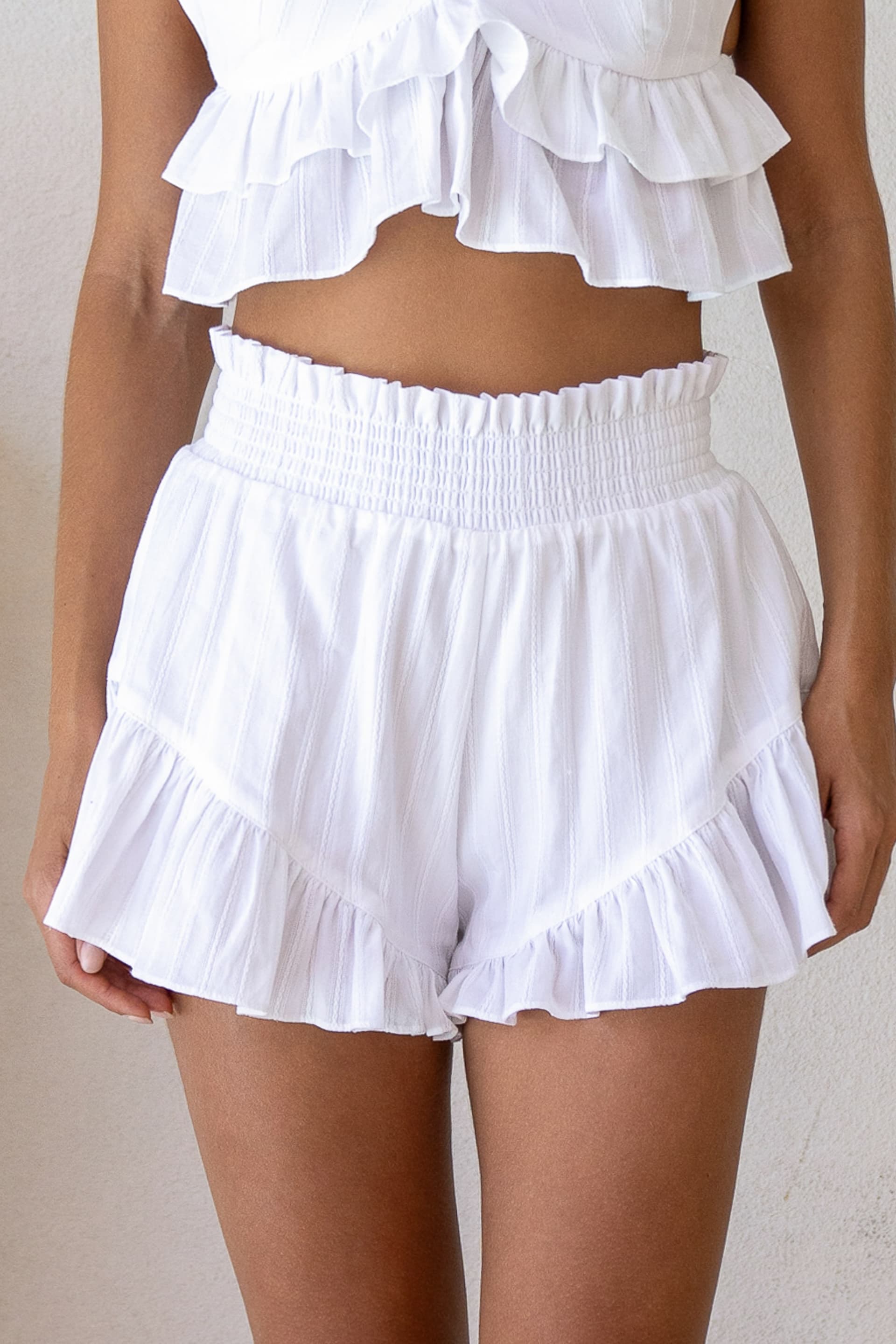 Sofia White Ruffled Cotton Shorts