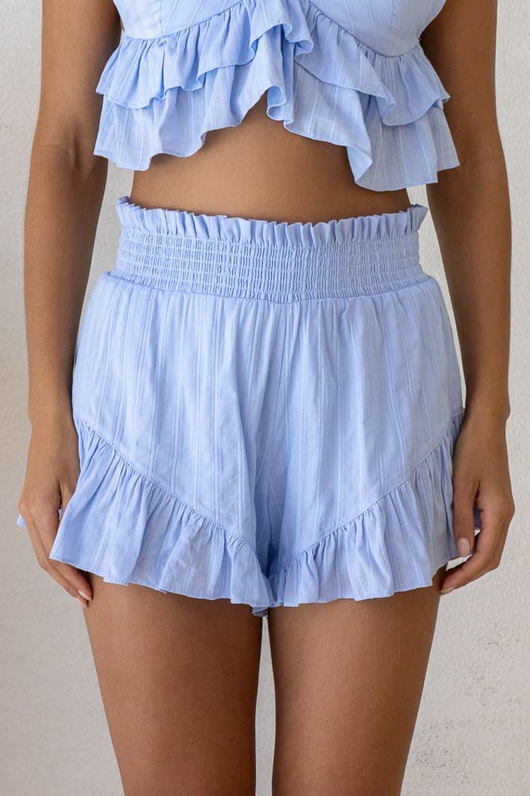 Sofia Skyblue Ruffled Cotton Shorts — vue 1