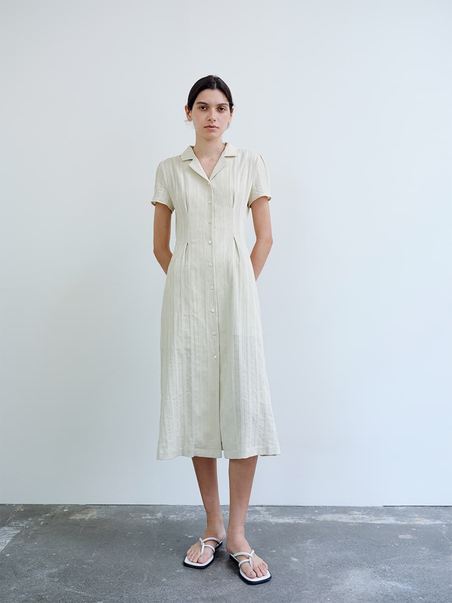 TIR OPEN COLLAR SHIRT DRESS_Y-BEIGE — vue 3