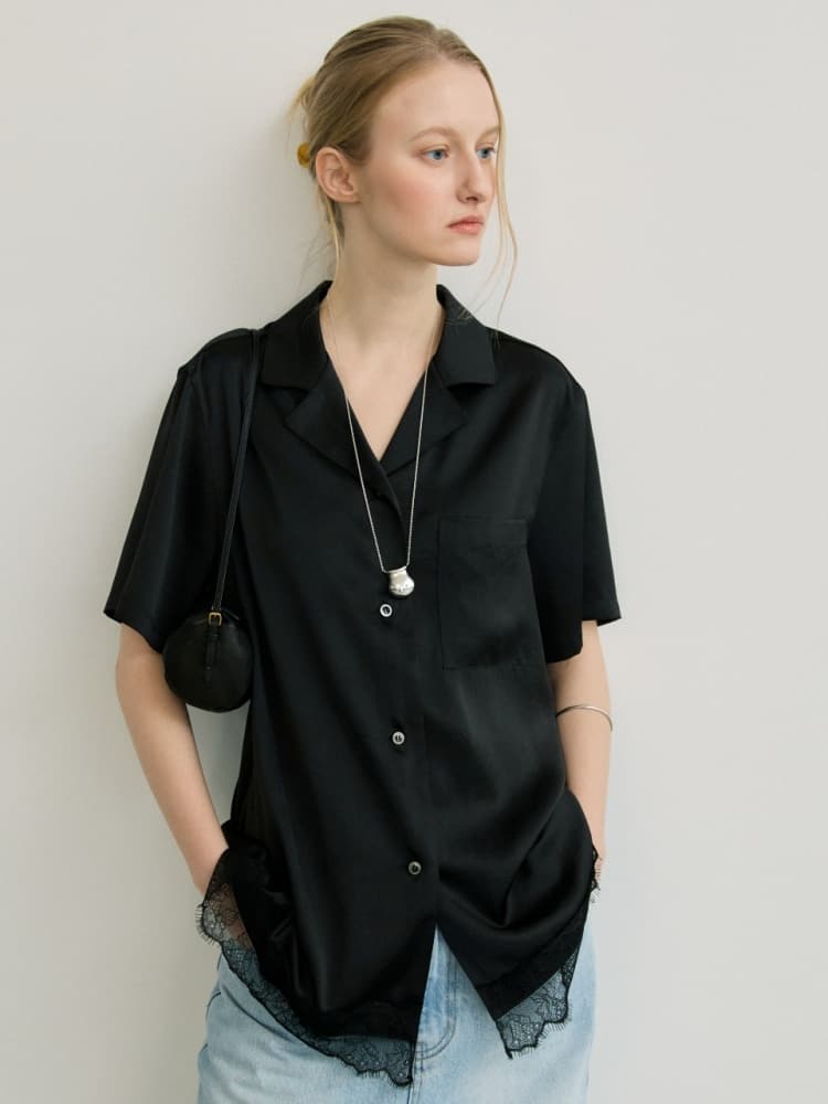 ETE SATIN HALF SHIRT - BLACK — vue 1