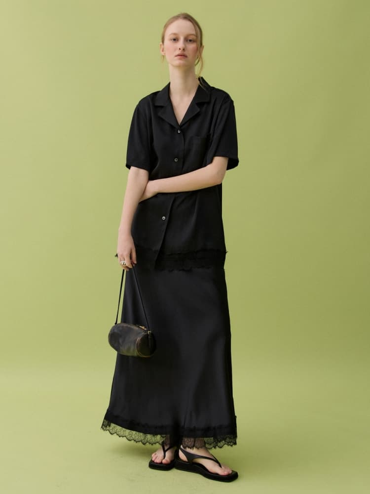 ETE SATIN LONG SKIRT - BLACK — vue 1