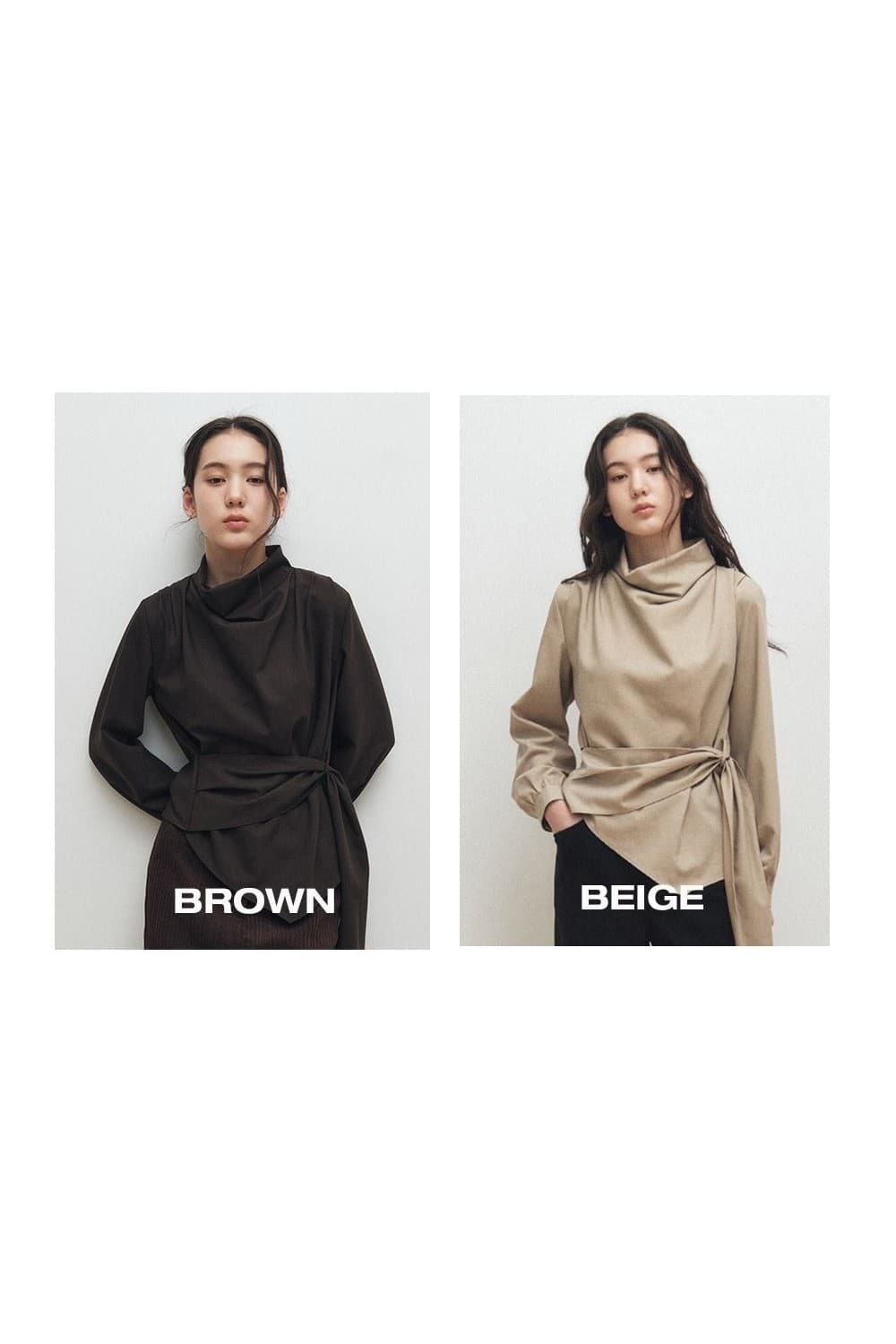 Cowl-Neck Wrap Blouse (Beige) — vue 2
