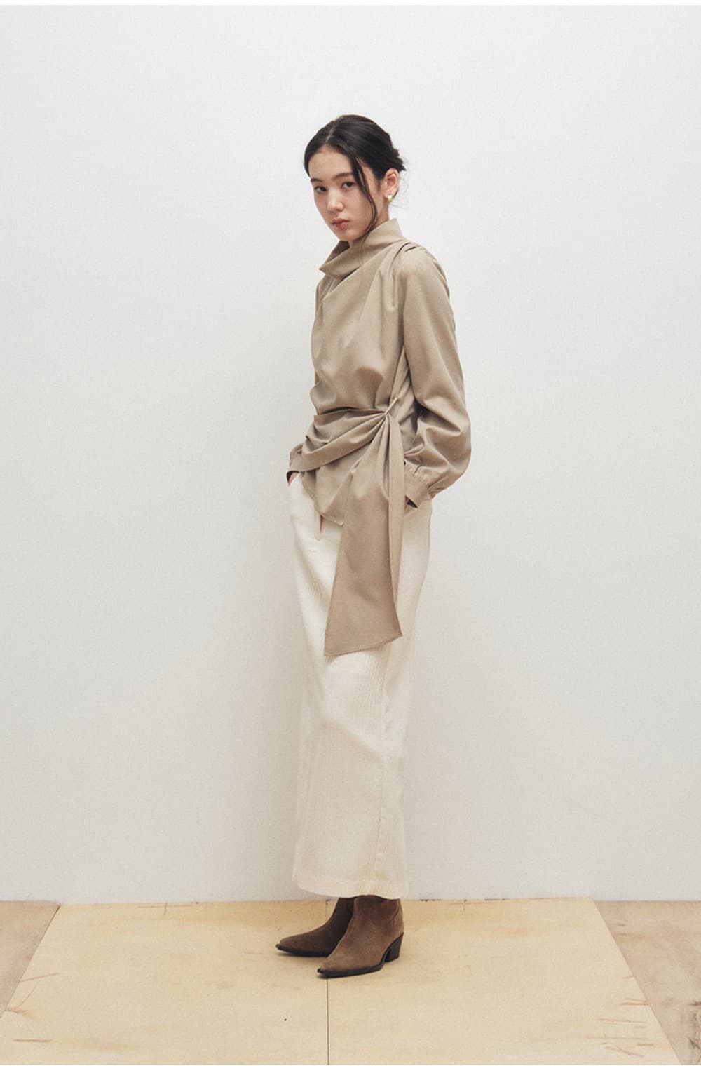 Cowl-Neck Wrap Blouse (Beige) — vue 6