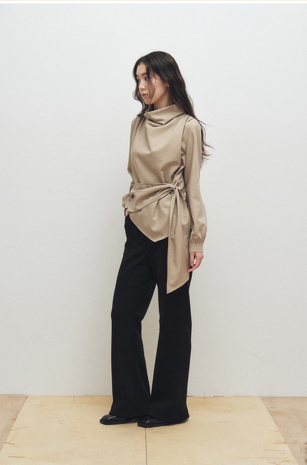 Cowl-Neck Wrap Blouse (Beige) — vue 11