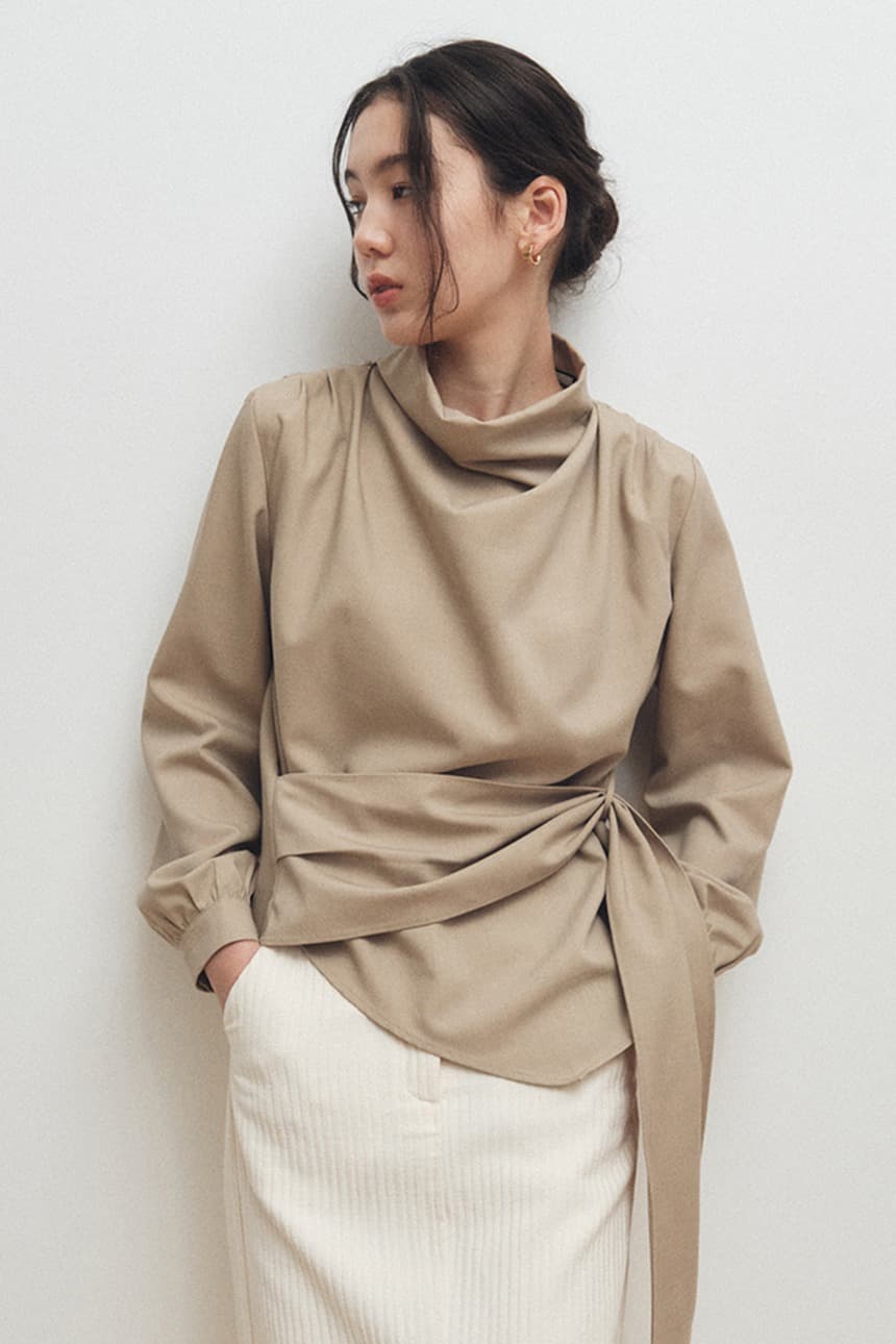 Cowl-Neck Wrap Blouse (Beige) — vue 1
