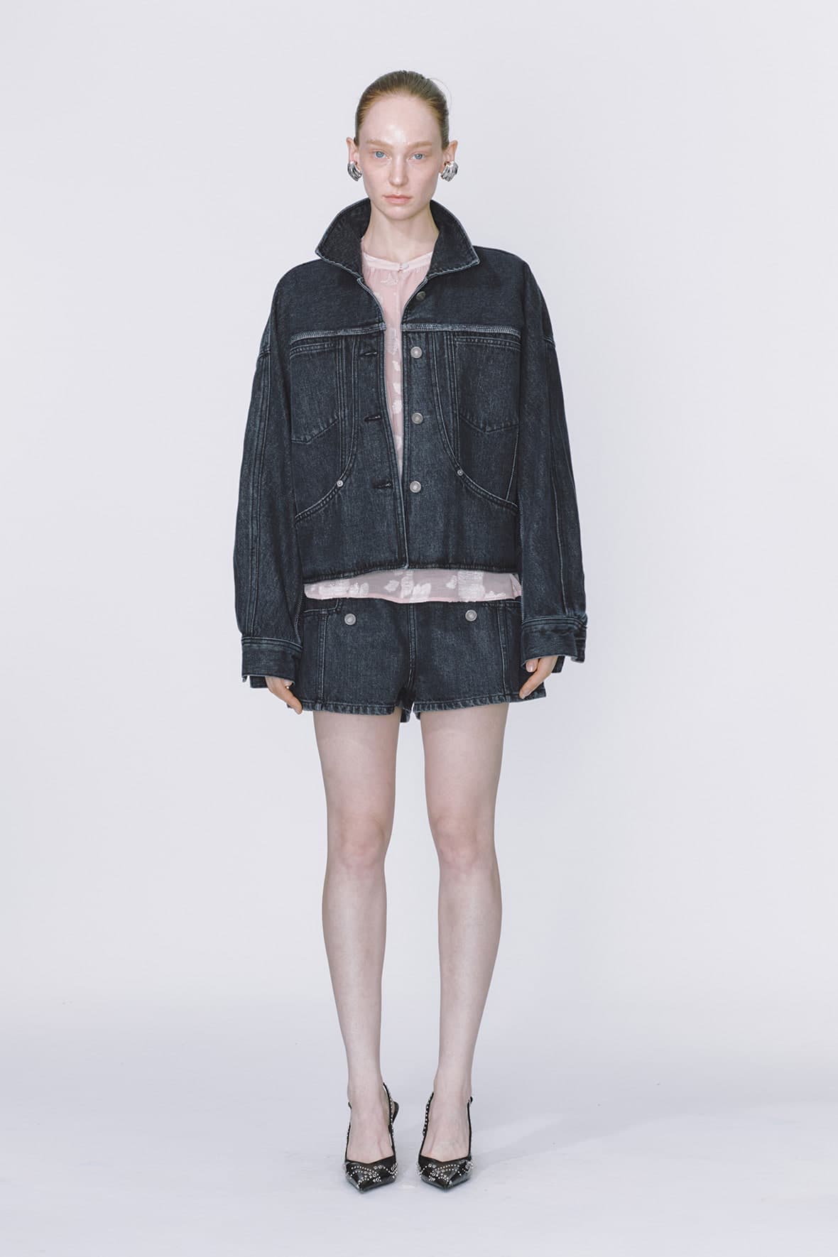 Curved Insert Pocket Dolman Sleeve Denim Jacket