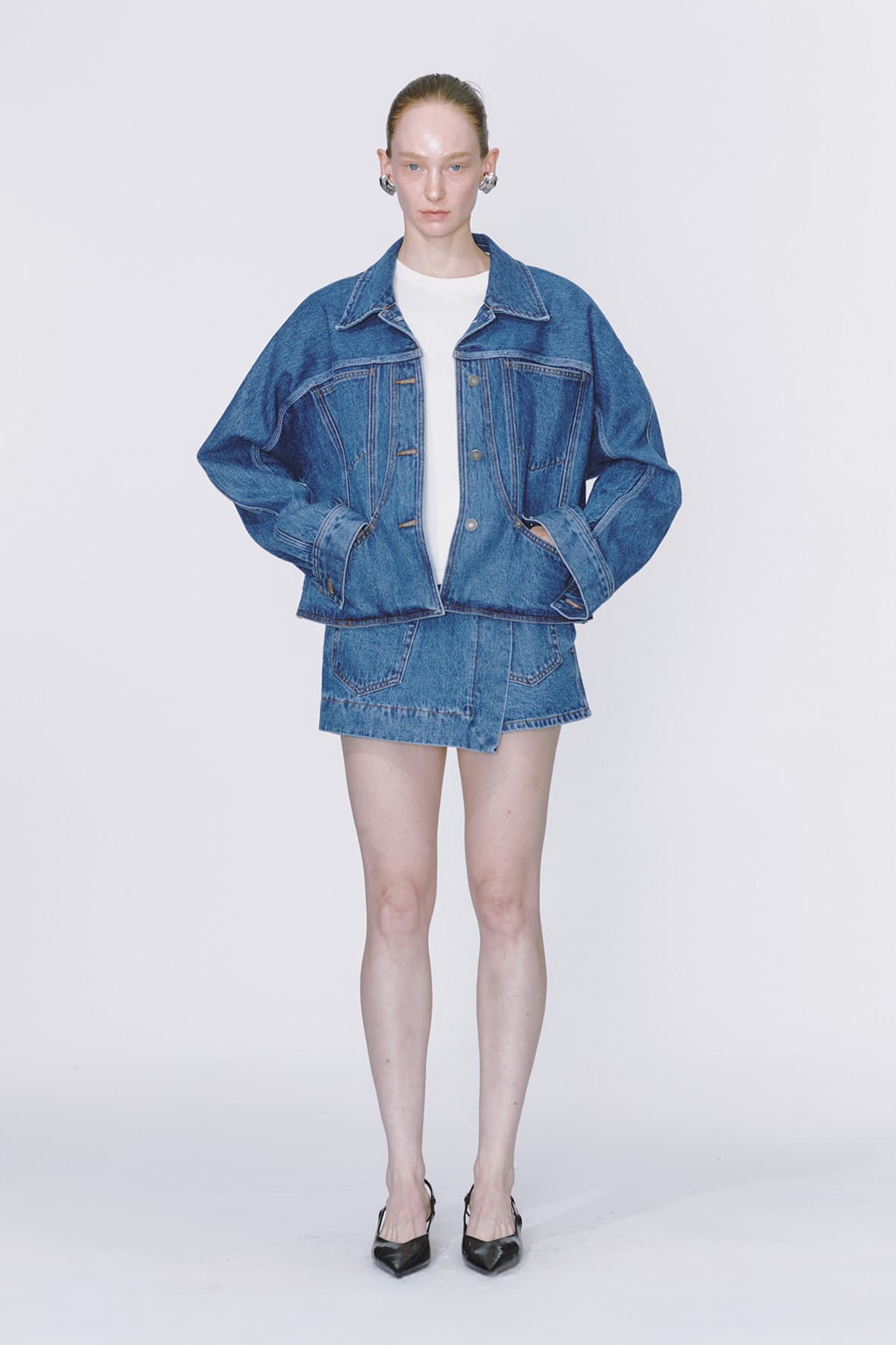 Curved Insert Pocket Dolman Sleeve Denim Jacket — vue 4