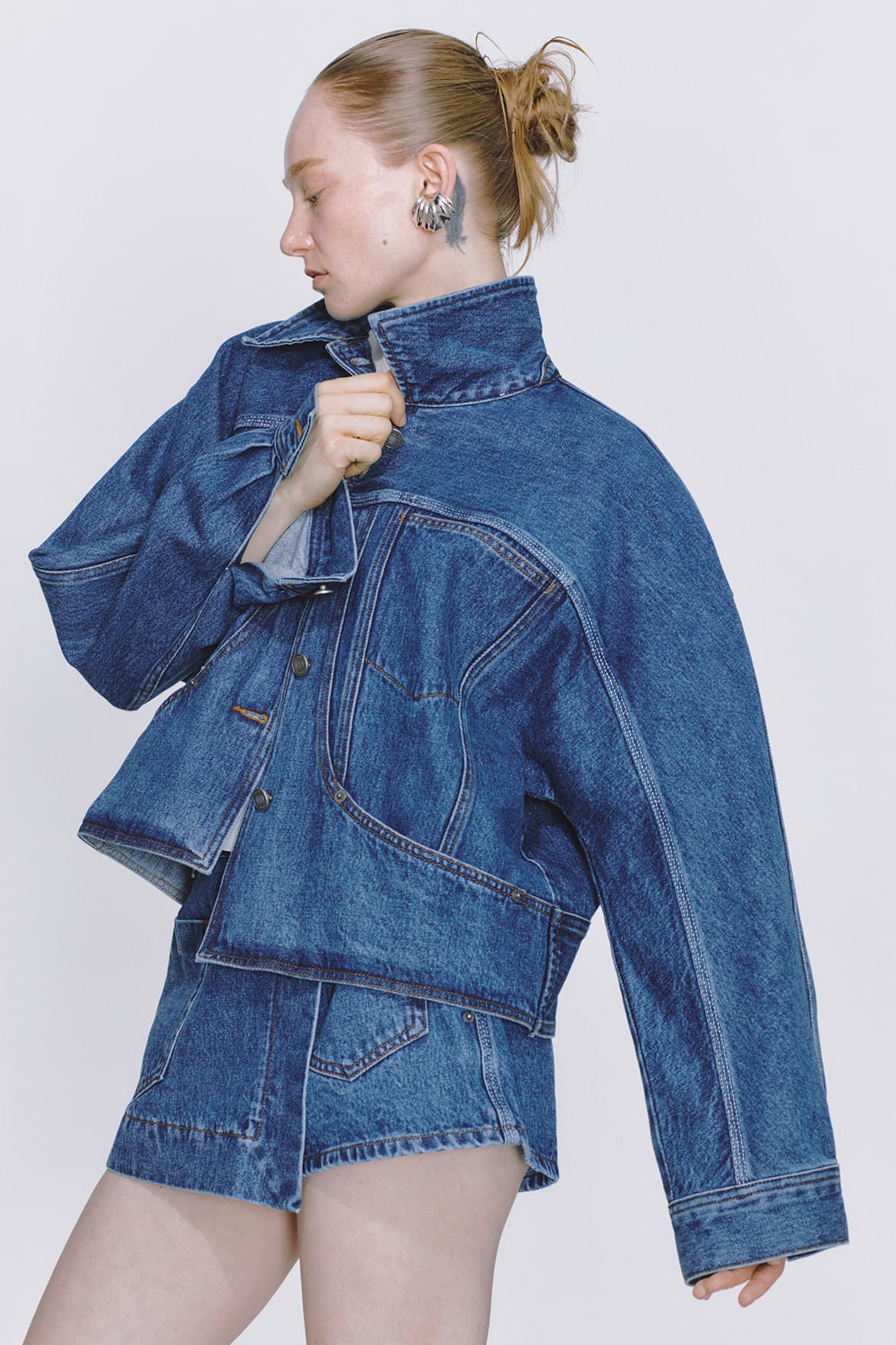 Curved Insert Pocket Dolman Sleeve Denim Jacket — vue 6