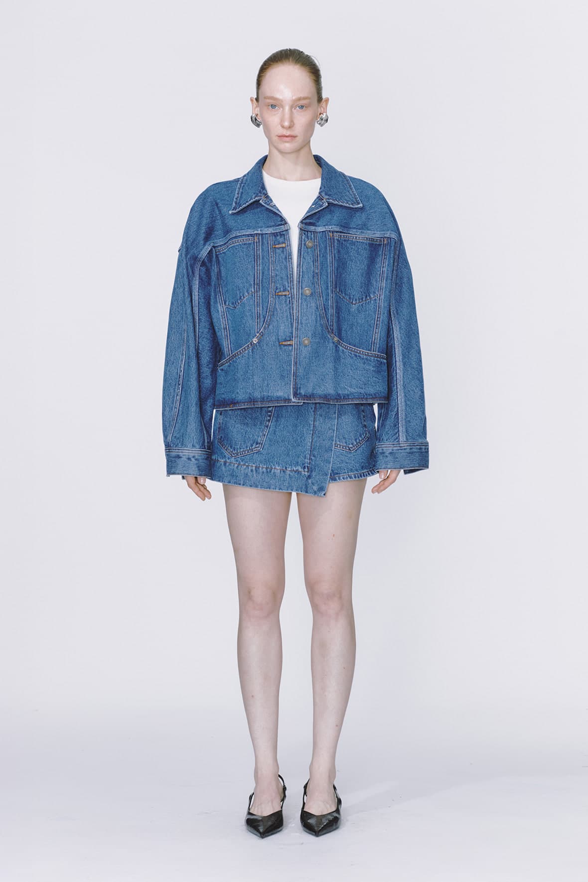 Curved Insert Pocket Dolman Sleeve Denim Jacket