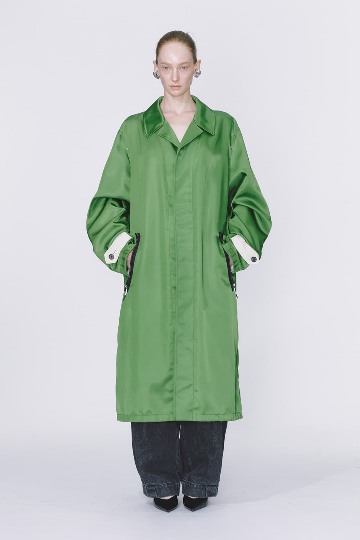 Oversized Zipper Detailed Hidden Button Mac Coat