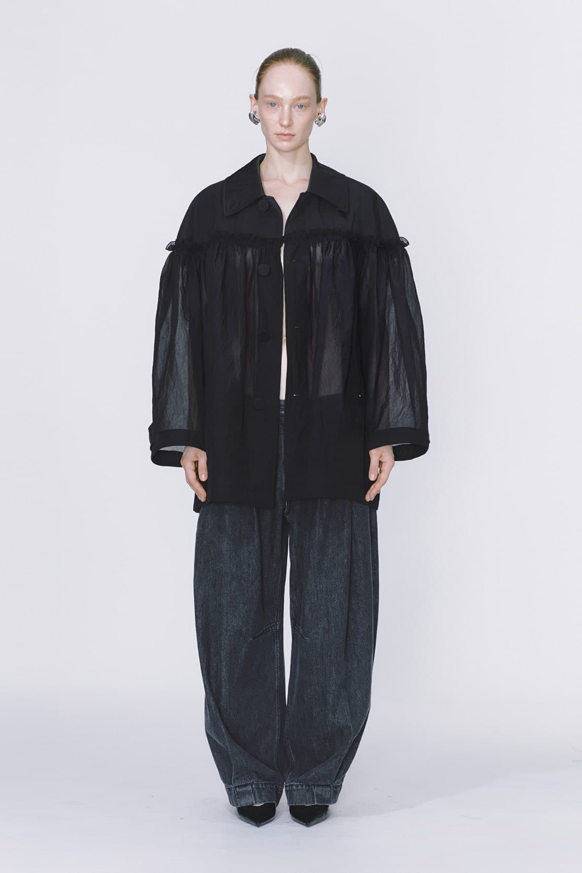 Half And Half Horizontal Ruffel Nylon Mac Coat