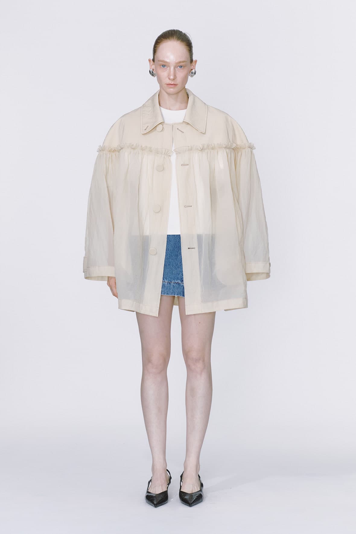 Half And Half Horizontal Ruffel Nylon Mac Coat