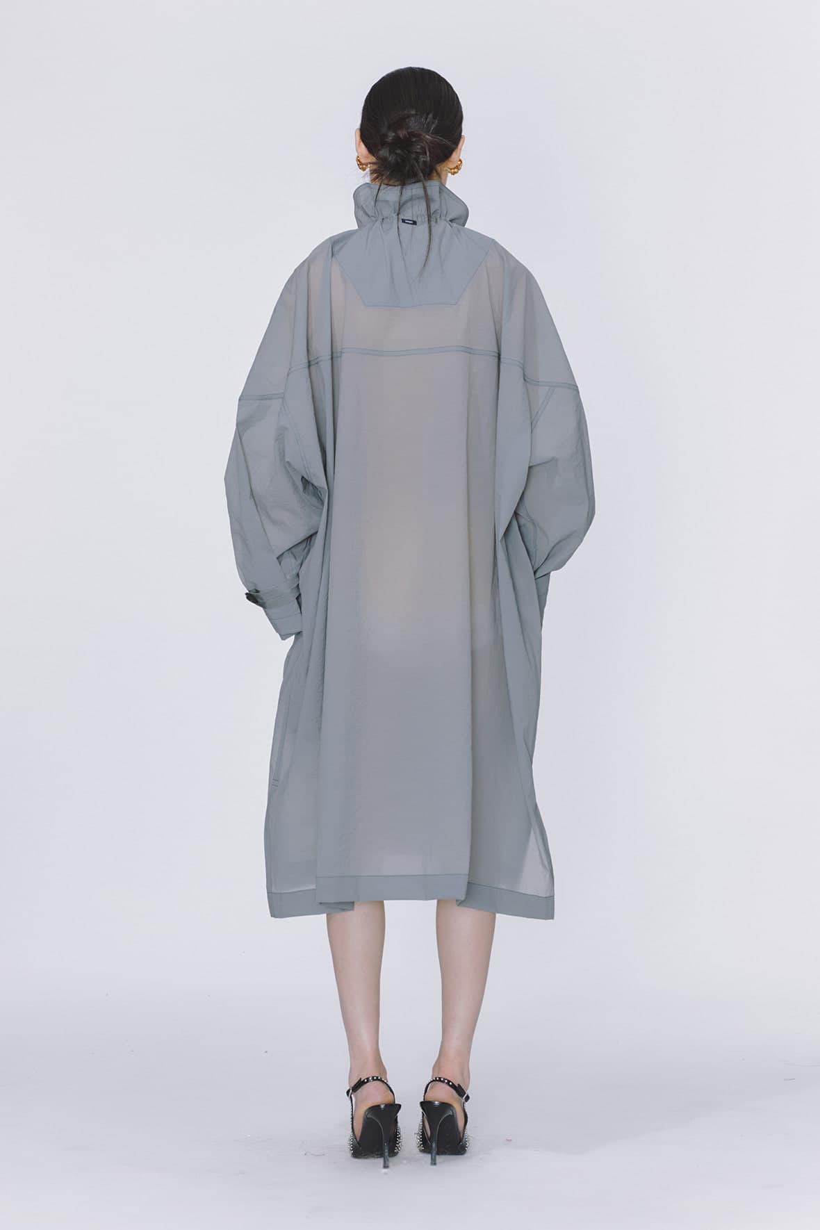 Oversized Drawstring Neck Horizontal Line Maxi Zip Up Double Coat — vue 5
