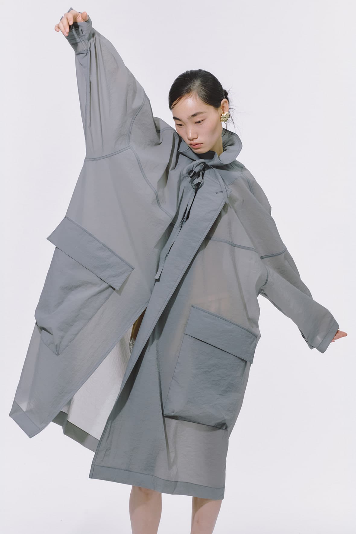 Oversized Drawstring Neck Horizontal Line Maxi Zip Up Double Coat — vue 6
