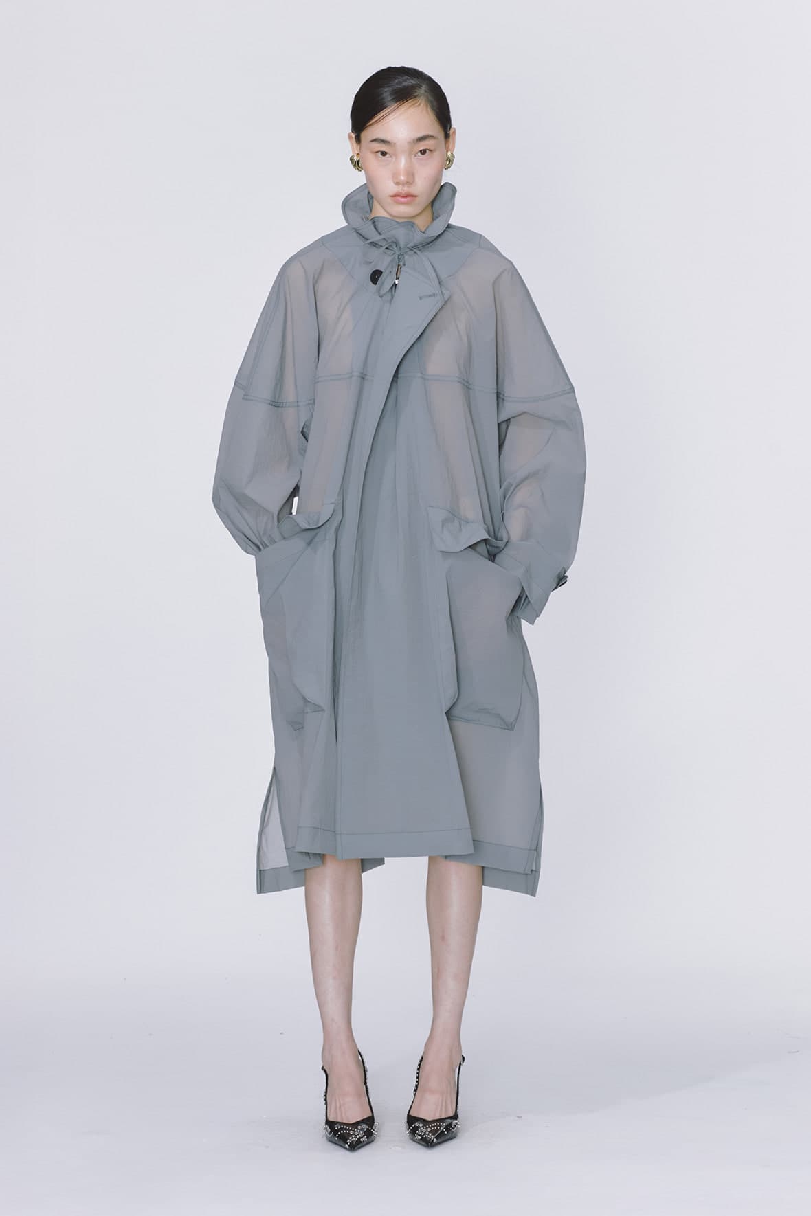 Oversized Drawstring Neck Horizontal Line Maxi Zip Up Double Coat