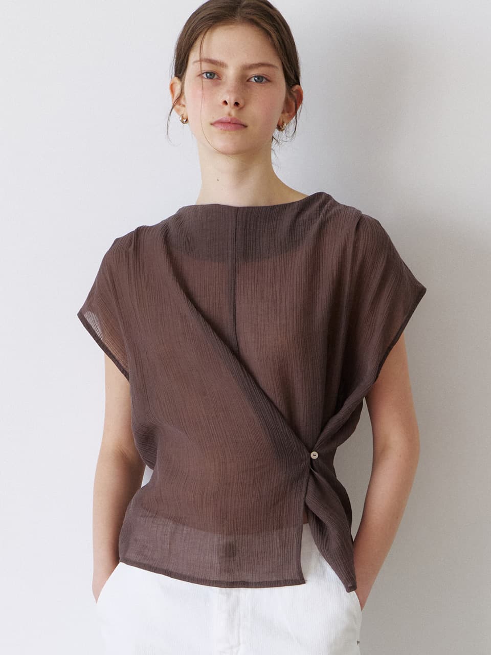 mock neck wrap blouse (brown) orc 6047
