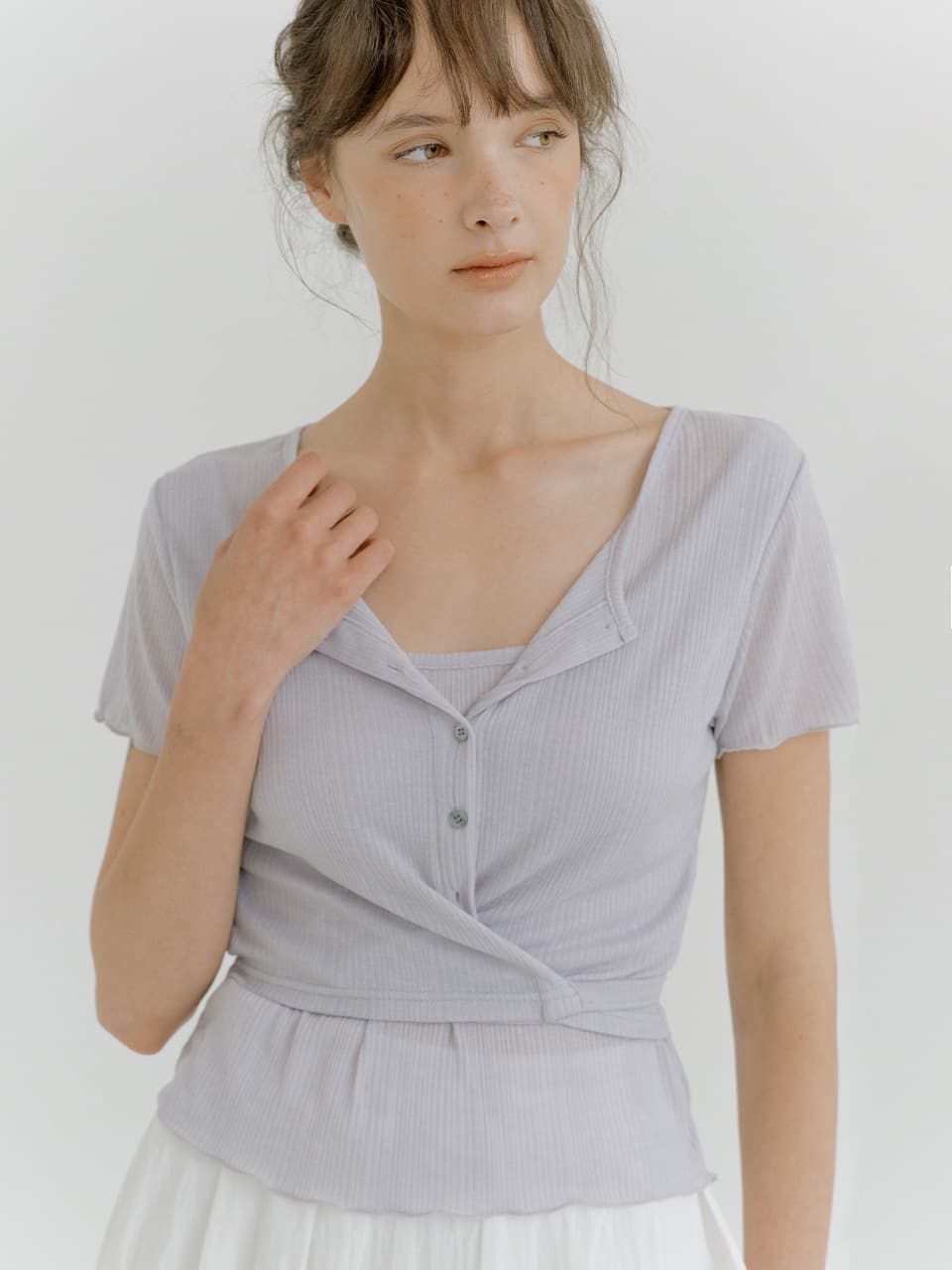 layered wrap detail T-shirt (blue gray) orc 6070 — vue 1