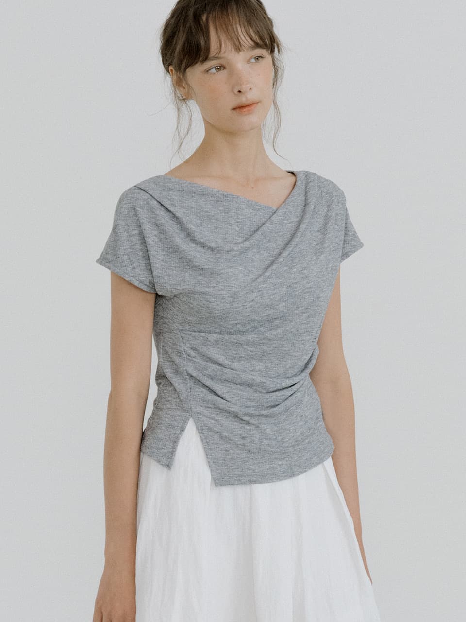 drape oblique slit T-shirt (melange gray) orc 6074