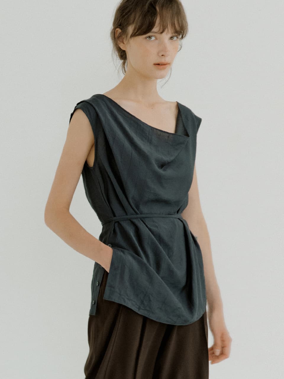 draped side open blouse (charcoal) orc 6080