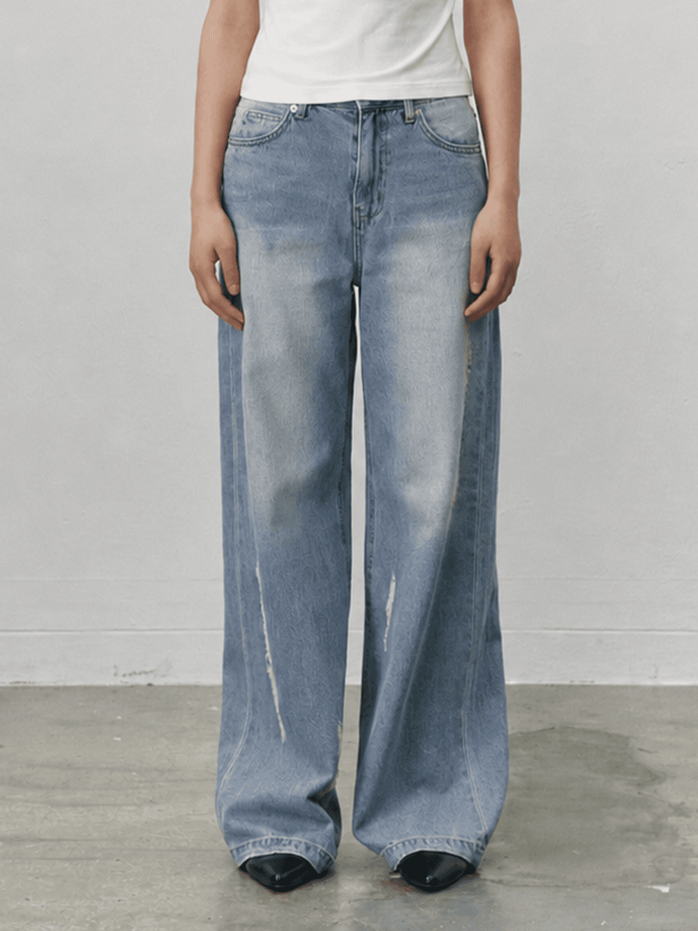 Damage wide jeans - Mid blue