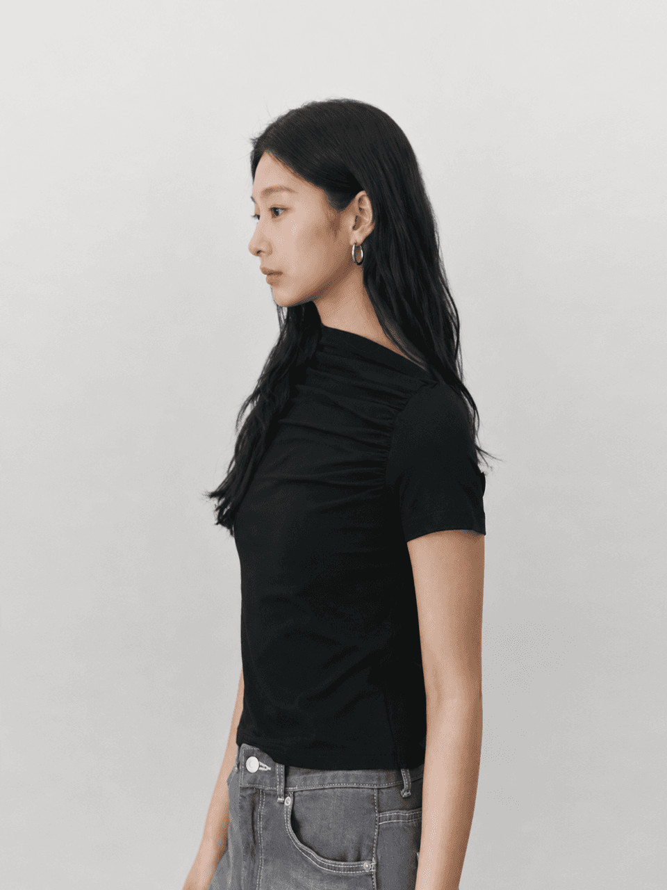 Shirring stretch T shirt - Black