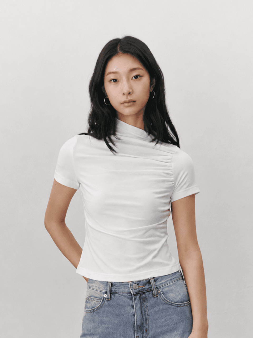 Shirring stretch T shirt - White