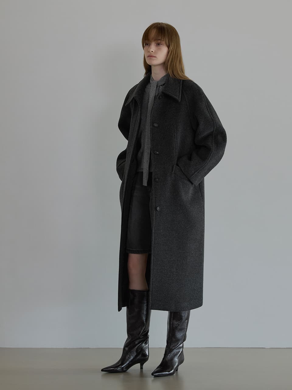 Merino wool balmacaan coat - Charcoal — vue 1