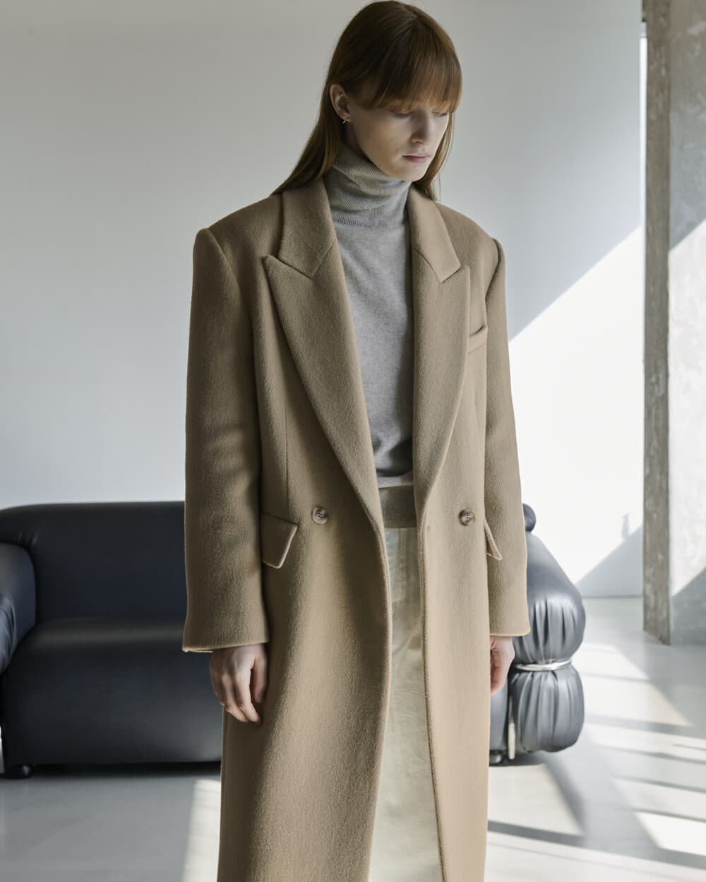 Silk blended herringbone overfit coat - Beige