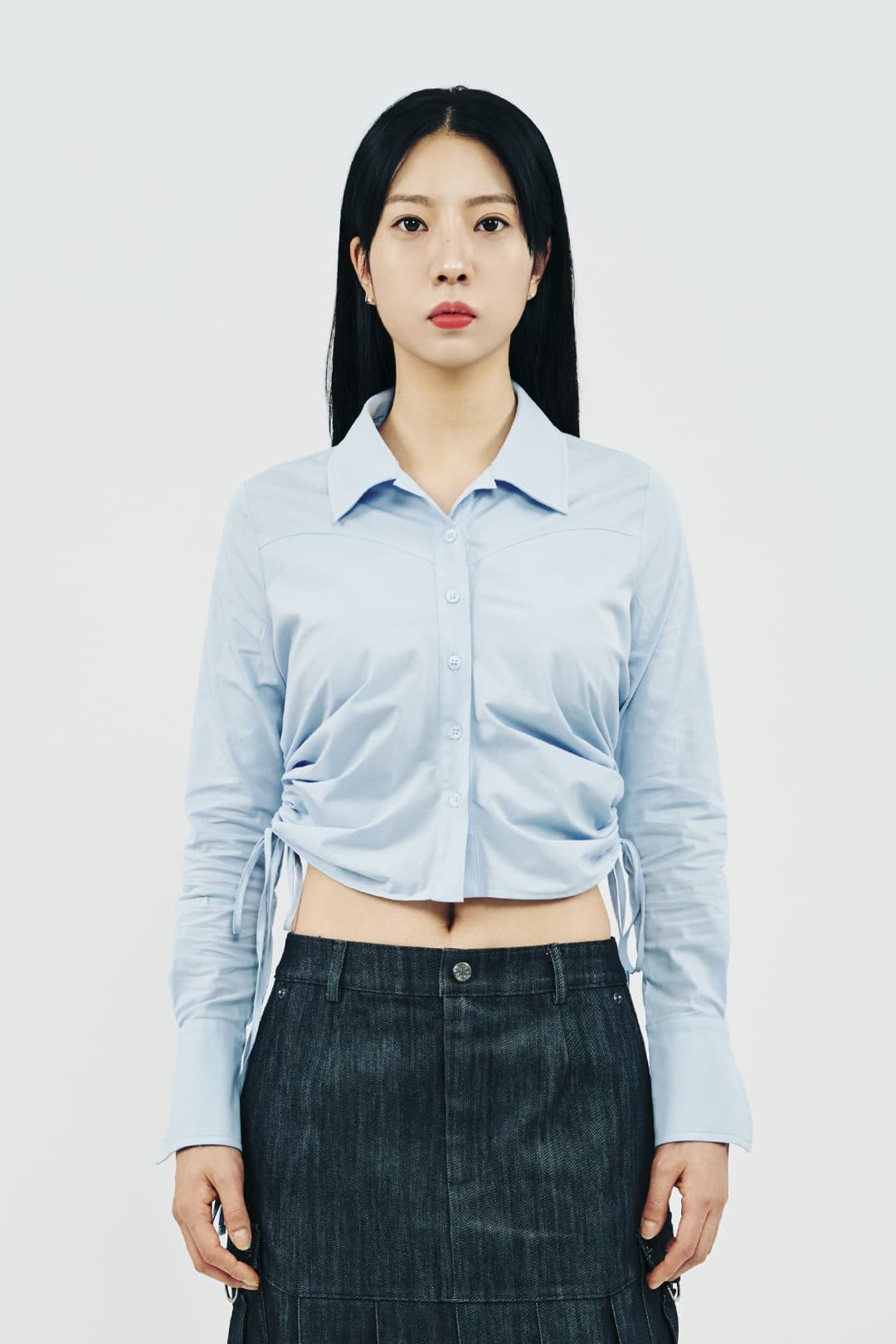 Shirring Long Sleeve Shirt (Blue) — vue 1