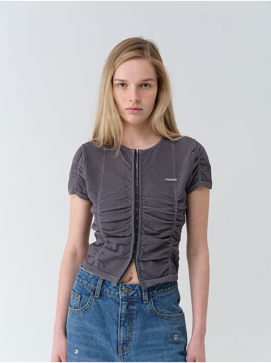 Hook-Front Shirring Knit Cardigan — vue 4