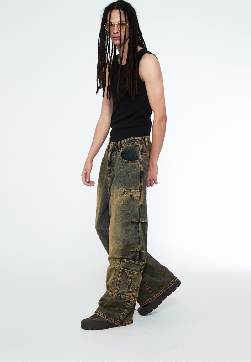 Multi Pocket Carpenter Wide Denim Pants Desert Blue — vue 9