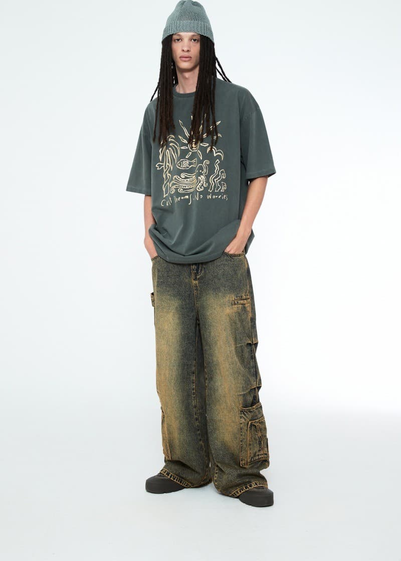 Multi Pocket Carpenter Wide Denim Pants Desert Blue — vue 11