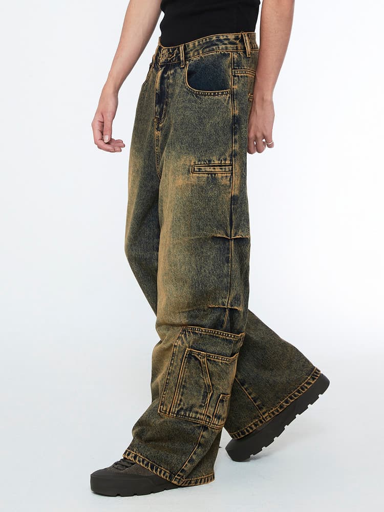 Multi Pocket Carpenter Wide Denim Pants Desert Blue — vue 1
