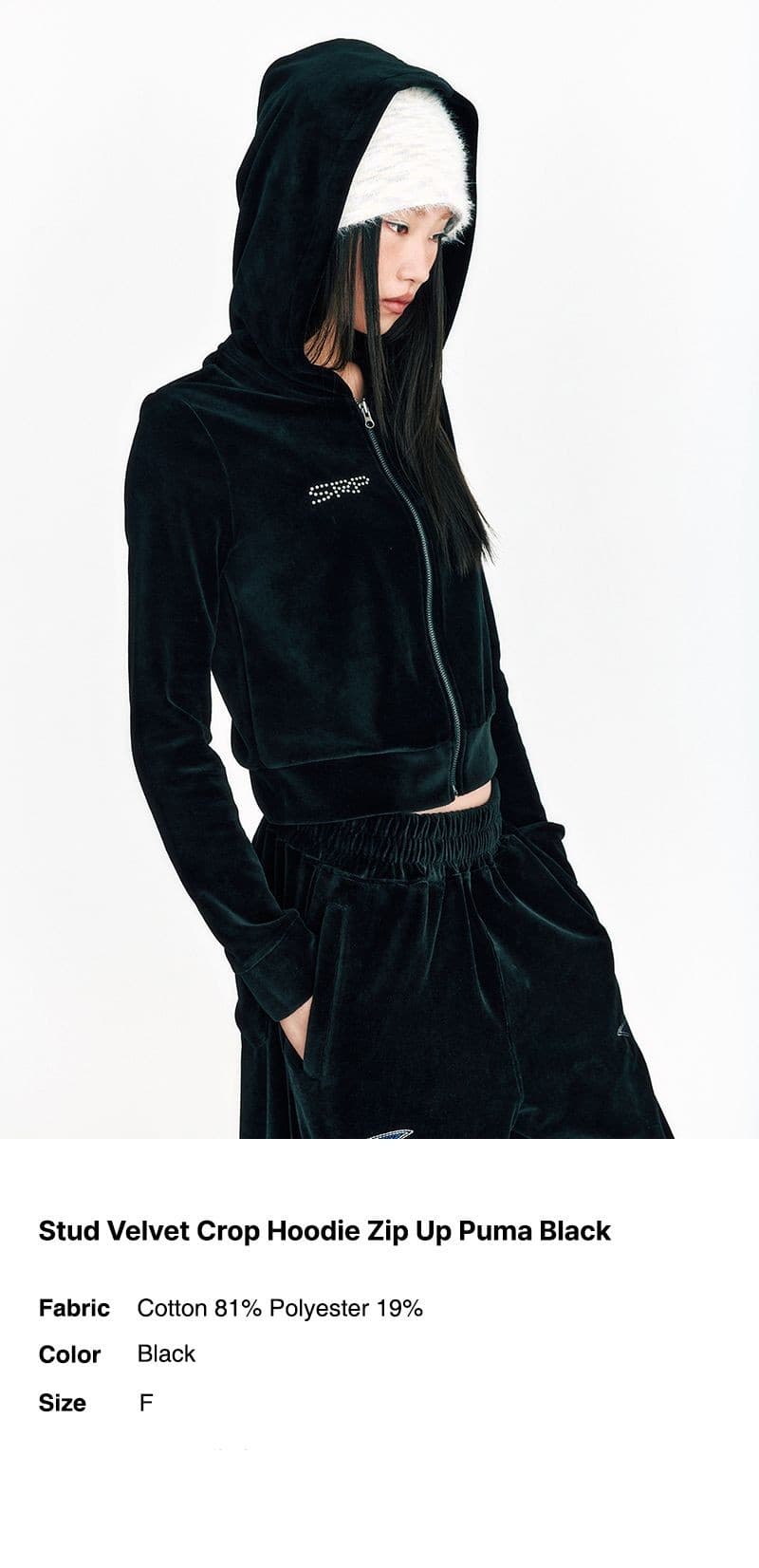 Stud Velvet Crop Hoodie Zip Up Puma Black — vue 4