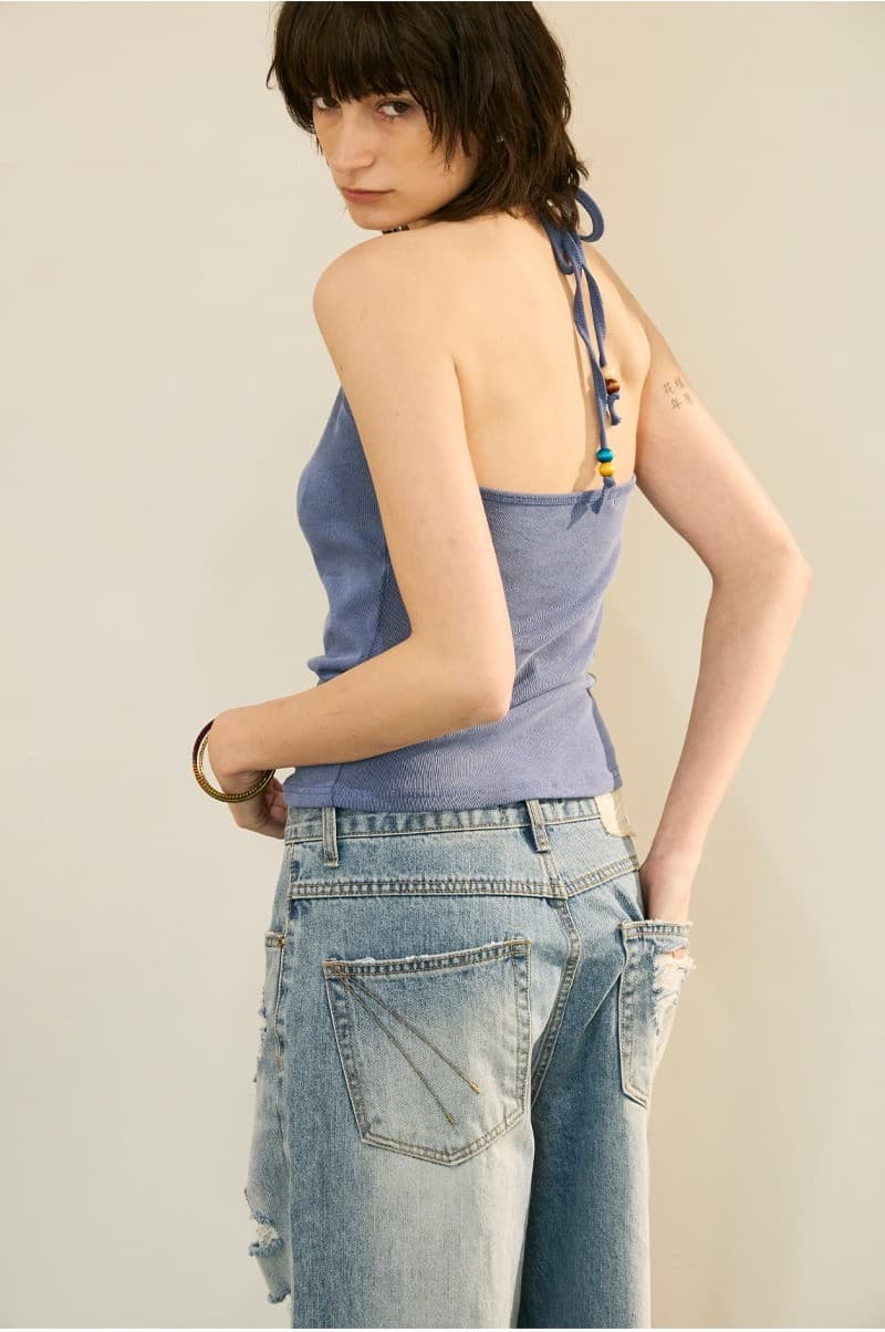 Beads Pigment Halter Neck Sleeveless Blue — vue 4