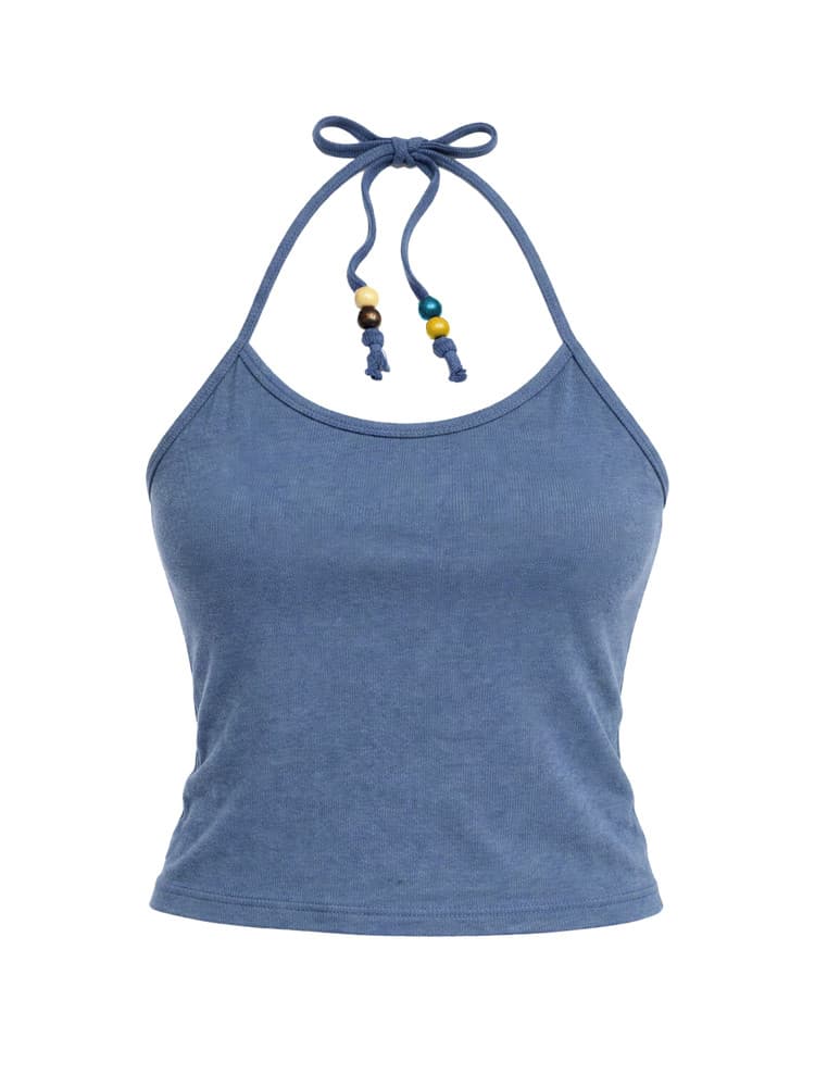 Beads Pigment Halter Neck Sleeveless Blue — vue 1