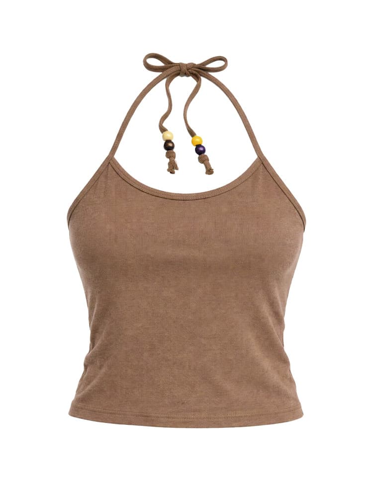 Beads Pigment Halter Neck Sleeveless Brown — vue 1