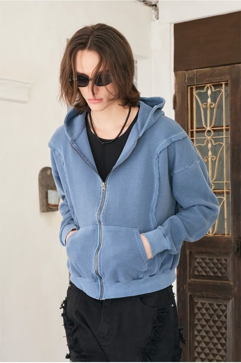 Raw Pigment Waffle Hood Zip Up Blue — vue 5