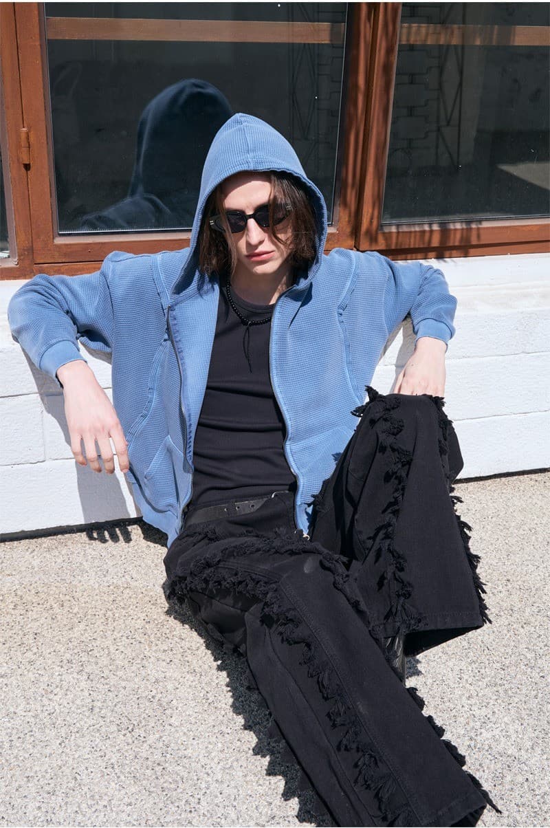 Raw Pigment Waffle Hood Zip Up Blue — vue 6