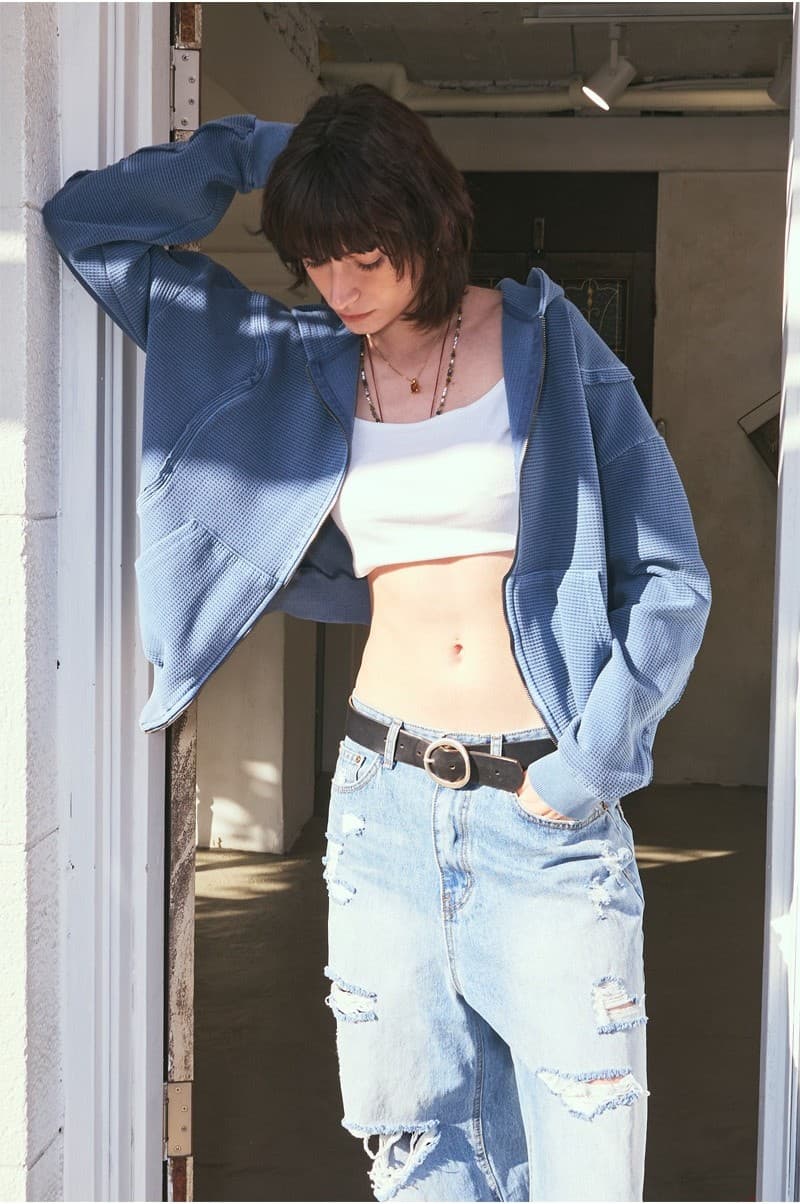 Raw Pigment Waffle Hood Zip Up Blue — vue 10