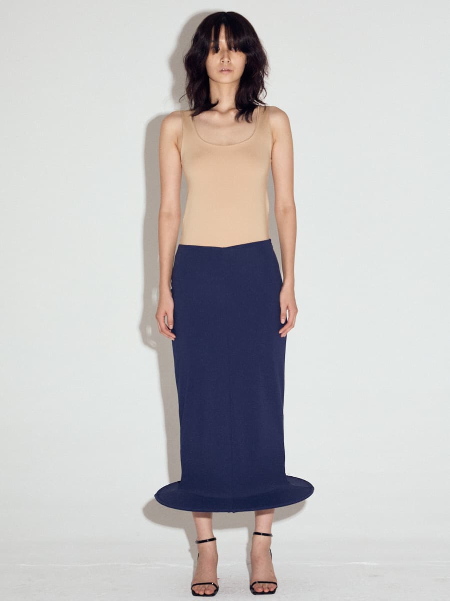 Wired Hem Classic Midi Skirt in Navy