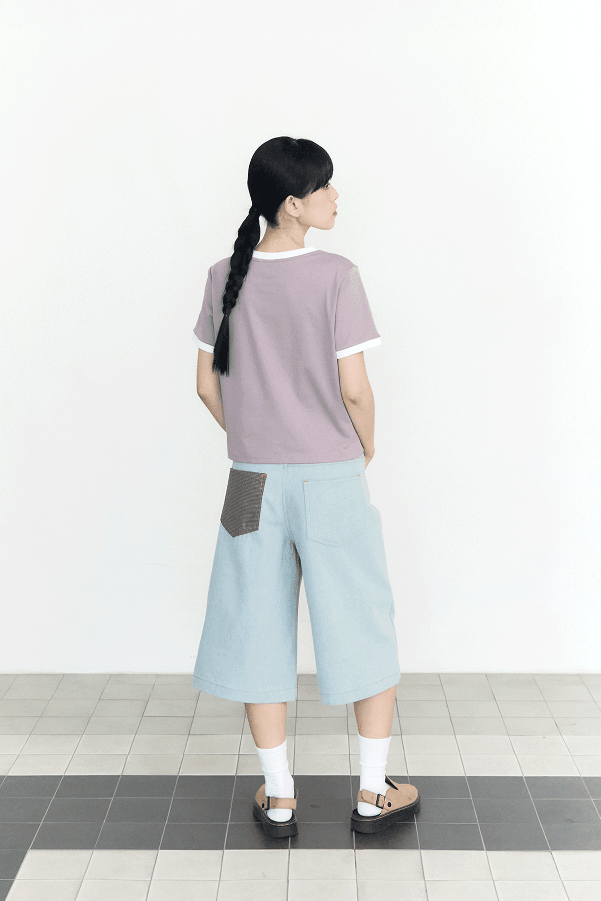 Check Pocket Straight Capri Pants (Light Blue)