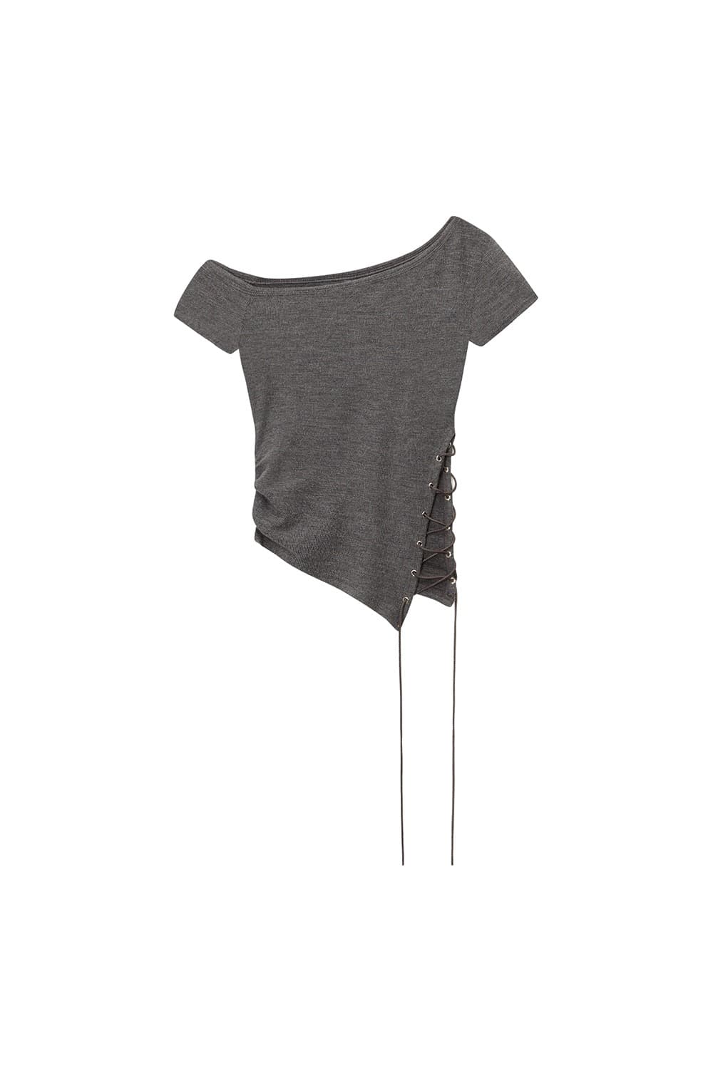 [Runway] Lace-up Off shoulder Short-sleeve Top (Charcoal)