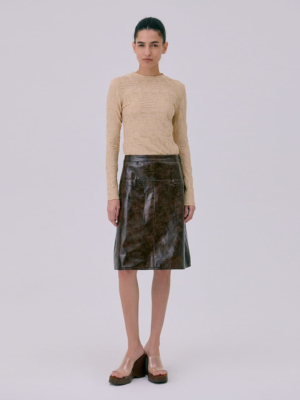 Midi Leather Skirt — Brown
