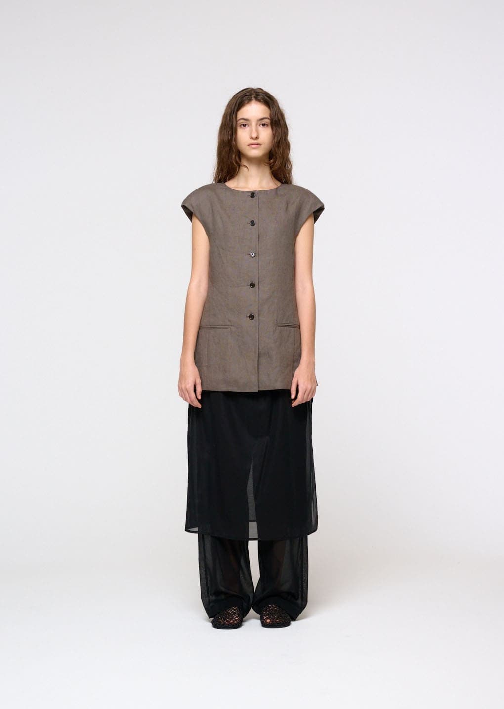 Linen Curved Vest, Khaki — vue 2