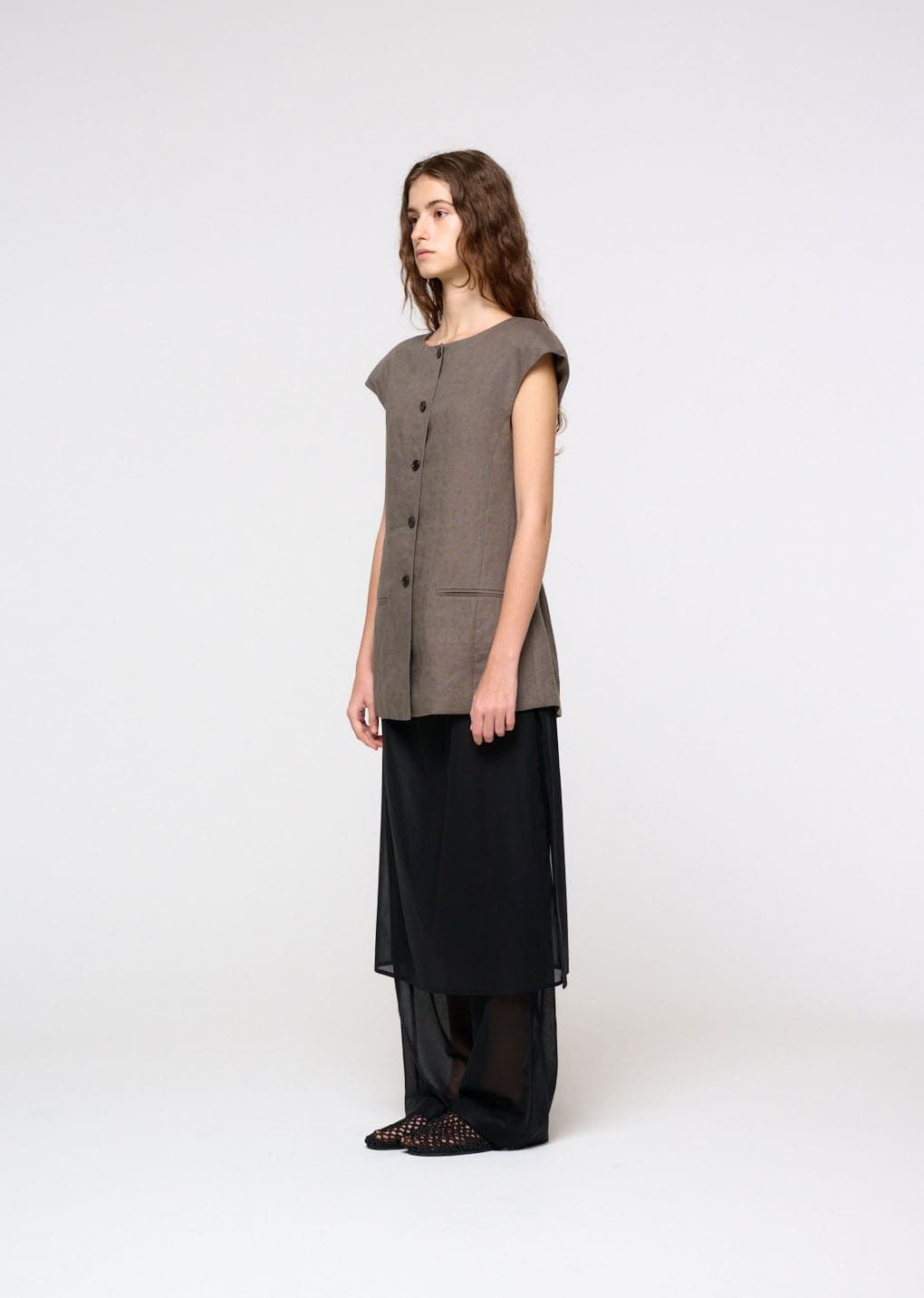 Linen Curved Vest, Khaki — vue 3